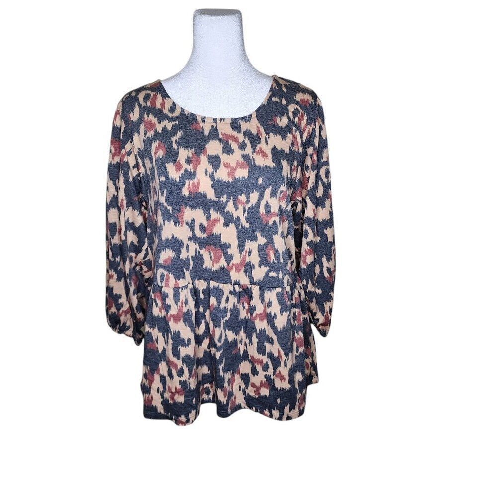 New Bobeau Animal Print Peplum Top 3/4 Sleeves Womens Size L Black